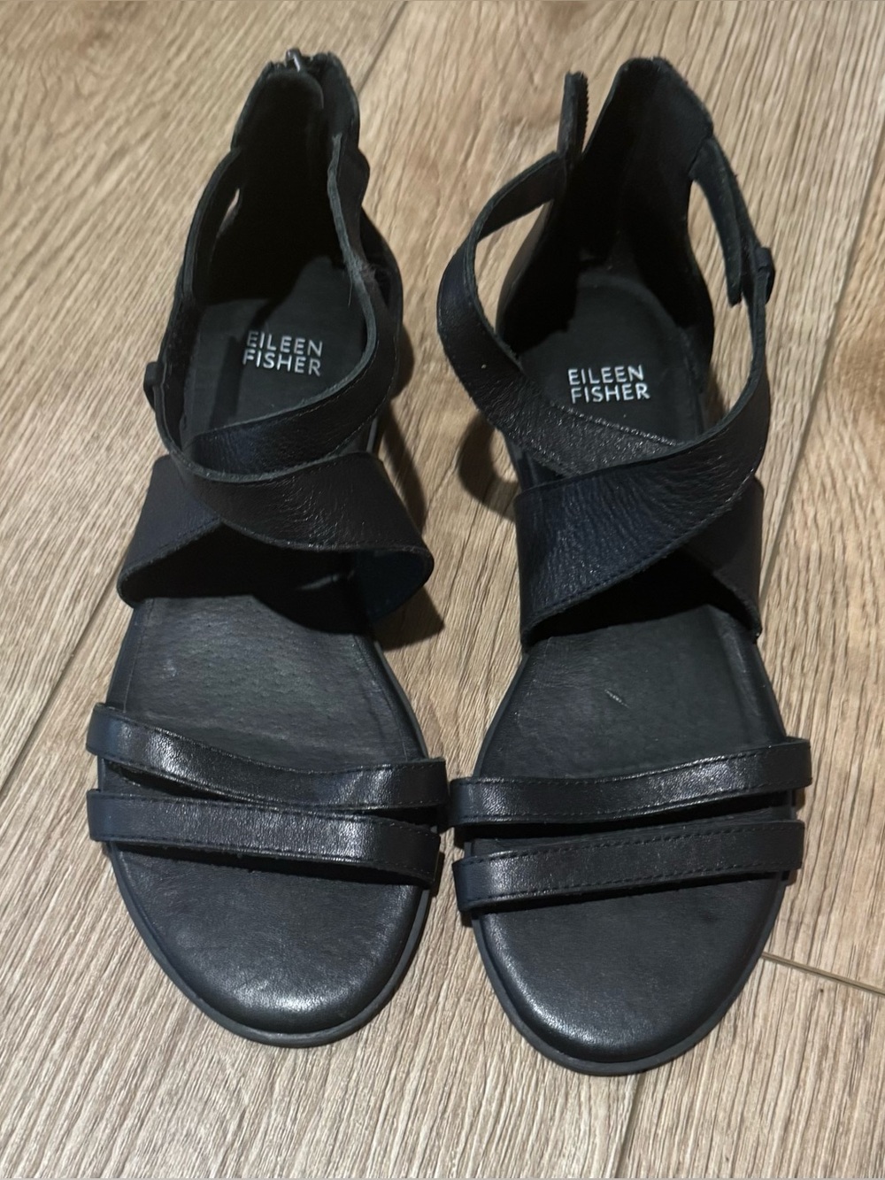 Eileen Fisher Black Leather Crisscross Ankle Strap Sandals